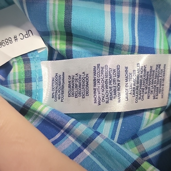 Chaps Boys 4T Button Up Plaid Short Sleeve Shirt with Collar Blue green white - Picture 5 of 7